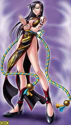  angry asura_fantasy_online bare_shoulders black_eyes black_hair breasts china_dress chinese_clothes cleavage cleavage_cutout clothing_cutout dress female flats frown hair_between_eyes holding_own_wrist kagami_hirotaka kurenai_tekka large_breasts legs long_hair looking_at_viewer no_bra omc rope shoes side_slit snake socks solo standing tattoo toeless_legwear turtleneck wristband 