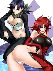  2girls ass breasts c-string cleavage elbow_gloves gloves hikari_to_mizu_no_daphne honjou_rena kagami_hirotaka large_breasts multiple_girls short_hair strapless_bottom thighhighs yuu_park 