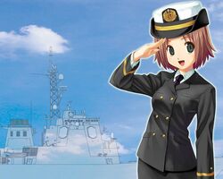  aqua_eyes boat brown_hair cloud cowboy_shot day destroyer female female_service_cap go_go!_japan_self_defense_force_ladies harusame_(jmsdf_2nd) hat japan_maritime_self-defense_force japan_self-defense_force kashima_asahi koutaro long_sleeves military military_uniform military_vehicle navy necktie peaked_cap pencil_skirt salute ship short_hair skirt sky smile solo uniform warship watercraft 