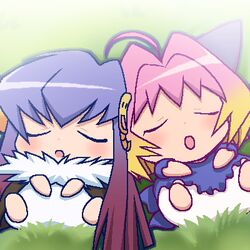  2girls awa bad_link gradient_hair guchuko jaggy_lines lowres multicolored_hair multiple_girls oekaki potemayo potemayo_(character) sleeping 