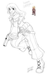  artist_request cross-laced_footwear female full_body greyscale gun gunslinger_(ragnarok_online) handgun high_heels holding holding_gun holding_weapon long_hair long_sleeves looking_at_viewer monochrome photoshop_(medium) ragnarok_online running simple_background solo weapon white_background 