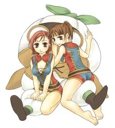  2girls adventurer_(ff11) ass barefoot blush breasts brown_hair cleavage creature empty_eyes final_fantasy final_fantasy_xi from_behind full_body hume large_breasts looking_at_viewer mandragora_(final_fantasy) multiple_girls o_o photoshop_(medium) puipui red_eyes red_hair short_hair sitting skindentation soles straddling tareme toes wariza 