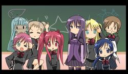  6+girls :o ;d aloe_(quiz_magic_academy) artist_request black_border blonde_hair blue_eyes blue_hair blunt_bangs border brown_hair chalkboard clala classroom cowboy_shot expressionless green_eyes indoors light_blue_hair light_brown_hair long_hair long_sleeves looking_at_viewer lucky_star malariya multiple_girls one_eye_closed open_mouth parody pink_hair purple_eyes purple_hair quiz_magic_academy red_eyes red_hair ruquia satsuki_(quiz_magic_academy) shalon smile source_request standing thighhighs triangular_headpiece twintails two_side_up very_long_hair yang_yang yuri_(quiz_magic_academy) 