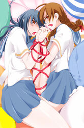  2girls bound bound_arms bound_together bound_wrists copyright_request glasses long_hair miito_shido multiple_girls ribbon school_uniform 