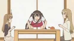  3girls animated animated anime_screenshot brown_eyes brown_hair holding holding_paper living_room lowres minami-ke minami_chiaki minami_haruka minami_kana multiple_girls paper slow_motion table tea teapot 