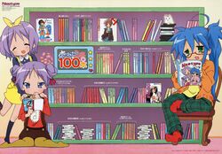  3girls absurdres alternate_hairstyle bespectacled blue_eyes blue_hair book bookshelf glasses green_eyes highres hiiragi_kagami hiiragi_tsukasa izumi_konata lucky_star manga_(object) meta mole mole_under_eye multiple_girls newtype official_art pantyhose photoshop_(medium) purple_hair reading translated tsurime yamada_naoko 