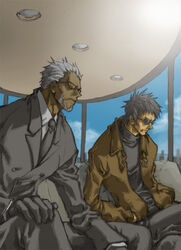  2boys asato bear_walken blue_sky brown_hair dark-skinned_male dark_skin day expressionless formal full_body grey_hair gungrave indoors jacket kugashira_bunji leather leather_jacket long_sleeves male_focus multiple_boys sitting sky suit sunglasses 