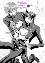  2boys arthur_(code_geass) ashford_academy_school_uniform code_geass greyscale iyou kururugi_suzaku lelouch_vi_britannia male_focus mizuno_poppo monochrome multiple_boys school_uniform 