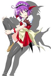  ahoge bad_anatomy female garter_belt grin head_wings lingerie looking_to_the_side maid maid_headdress oerba_yun_fang open_mouth purple_eyes purple_hair red_eyes smile solo thighhighs ukagaka underwear urahara_urako utamaro wings 