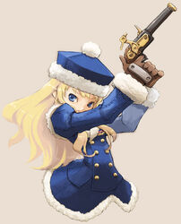  antique_firearm bad_link blonde_hair blue_eyes caplock coat cropped_torso female firelock fur_trim gun gunner_(sekaiju) gunner_2_(sekaiju) handgun hat holding holding_gun holding_weapon long_hair pota_(nabrinko) sekaiju_no_meikyuu sekaiju_no_meikyuu_2 solo weapon 