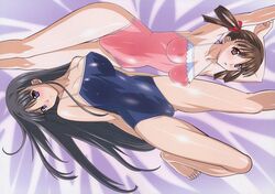  2girls armpits arms_behind_back arms_up barefoot black_hair blue_eyes blush breasts brown_hair casual_one-piece_swimsuit cleavage competition_school_swimsuit feet highres kuroda_kazuya large_breasts long_hair lying mizushima_asa multiple_girls on_back one-piece_swimsuit red_eyes school_swimsuit shiny_clothes sora_no_iro_mizu_no_iro sorayama_natsume swimsuit thigh_gap thighs toes wide_hips 