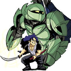  1boy artist_request black_eyes black_hair blue_dragon collarbone collared_shirt curly_hair dress_shirt fighting_stance gundam gym_ghingnham holding holding_sword holding_weapon jacket long_hair male_focus open_clothes open_jacket painttool_sai_(medium) parody shadow shirt short_sleeves simple_background solo sword turn_a_gundam turn_x unsheathed very_long_hair weapon white_background 