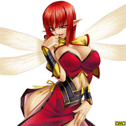  armor asura_fantasy_online blunt_bangs blush bob_cut bow bracer breast_press breasts center_opening china_dress chinese_clothes cleavage clenched_hand dress eyelashes fairy fantasy female fingernails floral_print grin hair_between_eyes hand_on_thigh hand_to_own_mouth huang_yahu insect_wings kagami_hirotaka large_breasts leaning lipstick long_fingernails looking_at_viewer makeup midriff multiple_wings naughty_face no_panties omc pointy_ears red_eyes red_hair ribbon short_hair side_slit simple_background smile solo squinting turtleneck watermark white_background wings 