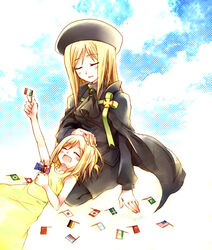  2girls ^_^ aged_down american_flag arm_support ascot australian_flag beret blonde_hair brazilian_flag canadian_flag capelet closed_eyes dual_persona flag german_flag happy hat higurashi_no_naku_koro_ni indian_flag italian_flag japanese_flag lap_pillow long_hair lying monaco_flag multiple_girls pakistani_flag papua_new_guinean_flag people&#039;s_republic_of_china_flag ribbon russian_flag short_hair sitting smile suzushiro_kurumi swedish_flag swiss_flag takano_miyo tanashi_miyoko time_paradox turkish_flag 