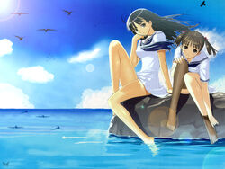  2girls barefoot bird black_hair blush cloud day dress legs lens_flare long_hair mizushima_asa multiple_girls outdoors petite photoshop_(medium) sailor_dress school_uniform serafuku sitting sky smile soaking_feet sora_no_iro_mizu_no_iro sorayama_natsume source_request sun thighhighs third-party_edit tony_taka twintails undressing water wind 