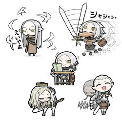  5girls armor bag bento blush book bread bread_slice chibi chopsticks claymore_(series) curly_hair desk dullahan eating faulds food food_in_mouth forked_tongue greaves grey_hair headless helen_(claymore) irene_(claymore) miria_(claymore) mouth_hold multiple_girls open_mouth ophelia pauldrons school_bag school_uniform serafuku severed_head shoulder_armor spoilers straight_hair sword teresa_(claymore) toast toast_in_mouth tongue ume_(noraneko) vambraces weapon wide-eyed yellow_eyes 