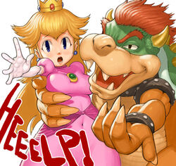  1boy bowser crown dress elbow_gloves female gloves hat long_hair maagori mario_(series) pink_dress princess_peach 