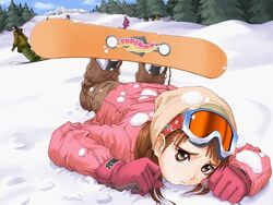  boots brown_eyes brown_hair coat day english_text engrish_text female frown game_cg gloves goggles hat kanzaki_lina lying non-web_source on_stomach outdoors ranguage room_with_lina sad sad_girl_in_snow sky snow snowboard solo tony_taka tree 