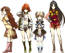  4girls artist_request blonde_hair boots brown_footwear brown_hair dress fingerless_gloves glasses gloves green_eyes green_footwear green_hair hair_ribbon hairband ibis_douglas irui_guneden jacket long_hair midriff multiple_girls photoshop_(medium) pink_footwear red_eyes red_hair ribbon short_hair shorts sleigh_presty strapless super_robot_wars tsugumi_takakura tube_top twintails yellow_eyes 