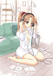  ayano_naoto barefoot bottomless copyright_request digital_media_player dress_shirt female headphones ipod open_clothes open_shirt shirt solo 