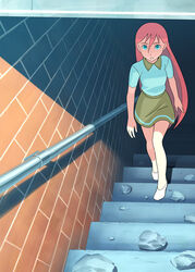  arms_at_sides blue_eyes brick_wall collared_shirt daichouhen_doraemon day debris doraemon doraemon:_nobita_to_tetsujin_heidan female from_above go_robots hair_between_eyes handrail long_hair looking_at_viewer looking_up outdoors photoshop_(medium) pink_hair riruru rock running_bond shade shadow shirt shoes short_sleeves skirt solo stairs walking white_footwear 