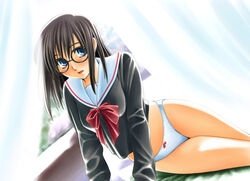  black_hair blue_eyes bow bow_panties dutch_angle female glasses kurihara_touko no_pants panties school_uniform solo tenshi_no_inai_12-gatsu unagimaru underwear white_panties 