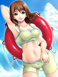  armpits bikini brown_eyes brown_hair cameltoe cissnei cloud crisis_core_final_fantasy_vii day female final_fantasy final_fantasy_vii groin happy innertube midriff sky solo swim_ring swimsuit yaso_shigeru 