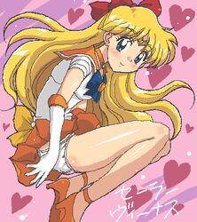  4040_(abonriya) aino_minako back_bow bishoujo_senshi_sailor_moon blonde_hair blue_eyes bow character_name choker elbow_gloves female gloves hairbow half_updo heart heart_background high_heels long_hair lowres magical_girl oekaki orange_choker orange_sailor_collar orange_skirt panties pink_background red_bow sailor_collar sailor_senshi_uniform sailor_venus shoes skirt solo strappy_heels tiara underwear white_gloves white_panties wind wind_lift 