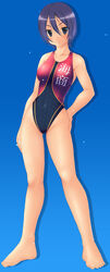  barefoot blue_eyes blue_hair competition_swimsuit female highres ishii_akira kenkou_zenrakei_suieibu_umishou legs one-piece_swimsuit orizuka_momoko photoshop_(medium) short_hair solo swimsuit 