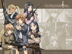  5girls angelica_(gunslinger_girl) artist_request assault_rifle blonde_hair bob_cut bullpup claes dragunov_svd gun gunslinger_girl h&amp;k_mp5k heckler_&amp;_koch henrietta_(gunslinger_girl) multiple_girls pump_action rico_(gunslinger_girl) rifle shotgun sig_sauer sig_sauer_p239 sniper_rifle steyr_aug submachine_gun triela weapon winchester_model_1897 