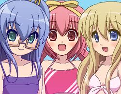  3girls akihime_sumomo awa bad_link jaggy_lines koiwai_flora lowres multiple_girls nanatsuiro_drops oekaki swimsuit yuuki_nona 