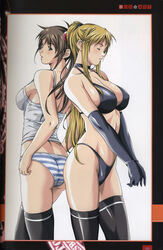  2girls ass back-to-back bible_black black_panties blonde_hair bra breasts brown_hair camisole closed_eyes elbow_gloves gloves green_eyes highres imari_kurumi large_breasts lingerie long_hair multiple_girls panties photoshop_(medium) ponytail saeki_kaori scan sei_shoujo striped_clothes striped_panties thighhighs underwear underwear_only 