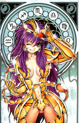  adapted_costume aquarius_(symbol) armor bikini_armor breasts capricorn_(symbol) cleavage female fingernails future_studio_(artist) genderswap_(mtf) gold_armor gold_saint green_eyes helm helmet libra_(symbol) long_fingernails long_hair medium_breasts mu_fengchun nail_polish one_eye_closed pisces_(symbol) purple_hair red_nails rule_63 sagittarius_(symbol) saint_seiya scorpio_(symbol) scorpio_(zodiac) scorpio_milo scorpion scorpion_tail shiny smile solo tail very_long_hair virgo_(symbol) watermark zodiac zodiac_wheel 