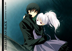  1boy couple darker_than_black dress female hei_(darker_than_black) hug purple_dress straight vanilla_(nicolla) white_hair yin_(darker_than_black) 