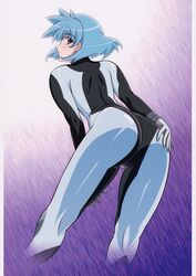  absurdres ass ass_grab blue_hair bodysuit cropped_legs female grabbing_own_ass green_eyes highres kuroda_kazuya light_blue_hair looking_back meia_gisborn pillarboxed profile short_hair solo vandread 