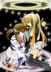  2girls arm_belt bardiche_(device_form)_(nanoha) bardiche_(nanoha) belt blonde_hair fate_testarossa fate_testarossa_(original_form) fingerless_gloves gloves jewel_seed lyrical_nanoha magic_circle magical_girl mahou_shoujo_lyrical_nanoha multiple_girls niwaka_yuan raising_heart raising_heart_(device_mode) sparkle takamachi_nanoha takamachi_nanoha_(original_mode) thighhighs twintails 