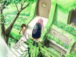  2girls backpack bag boots brown_hair day doorway feline flower frills green_theme long_hair multiple_girls nature original outdoors overgrown pink_hair plant ribbon sitting sitting_on_stairs stairs tree treehouse vines water waterfall yohsuke_(kanoto_yousuke) 