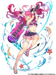  :d ahoge armpits arms_up bare_arms bare_legs bare_shoulders bead_bracelet beads bikini bikini_skirt bracelet closed_eyes diffraction_spikes electric_guitar facing_viewer female fish floating_hair flower frilled_bikini frills guitar hair_flower hair_ornament holding holding_instrument inflatable_instrument inflatable_toy instrument jewelry knee_up kt._(kaisou-notagui) mahou_tsukai_to_kuroneko_no_wiz midriff nail_polish navel official_art open_mouth pink_hair sandals simple_background smile solo swimsuit thigh_strap toenail_polish toenails twintails v-shaped_eyebrows water watermark white_background 