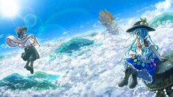  2girls above_clouds architecture black_headwear blouse blue_hair blue_skirt blue_sky boots bow capelet castle chamaji cloud commentary_request cross-laced_footwear east_asian_architecture floating floating_castle flying food frilled_shawl frills fruit hagoromo hand_in_own_hair hat hat_bow hat_ribbon hinanawi_tenshi keystone leaf lens_flare long_hair looking_back mountain multiple_girls nagae_iku outdoors peach purple_hair red_bow red_eyes ribbon rock rope shawl shide shimenawa shining_needle_castle shirt shoes short_sleeves skirt sky smile sun touhou upside-down white_shirt 