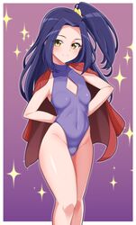  absurdres arms_behind_back blue_hair breasts commission feet_out_of_frame female highleg highleg_leotard highres jacket jacket_on_shoulders kurokawa_eren leotard long_hair looking_at_viewer mujin_(mujinzairaisen) one_side_up pixiv_commission precure red_jacket small_breasts smile solo sparkle_background standing suite_precure turtleneck turtleneck_leotard yellow_eyes 