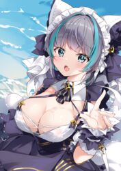  arami_o_8 azur_lane black_hair blue_eyes blue_hair blush breasts cheshire_(azur_lane) cleavage commentary female large_breasts looking_at_viewer maid_headdress multicolored_hair oerba_yun_fang open_mouth short_hair skin_fang solo streaked_hair water wet wrist_cuffs 