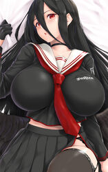  black_gloves black_hair black_serafuku black_shirt black_skirt black_thighhighs black_wings blue_archive blush breasts choker collarbone crop_top crop_top_overhang feathered_wings female garter_straps gloves hair_between_eyes half_gloves halo hasumi_(blue_archive) highres huge_breasts kemigawa_mondo long_hair long_skirt long_sleeves looking_at_viewer low_wings lying mole mole_under_eye neckerchief on_back open_mouth pleated_skirt red_eyes red_neckerchief sailor_collar school_uniform serafuku shirt side_slit skirt solo thighhighs thighs very_long_hair white_sailor_collar wings 