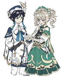  1boy absurdres adapted_costume barbara_(genshin_impact) barbara_(genshin_impact)_(cosplay) braid cosplay costume_switch dress female findoworld genshin_impact highres smile twin_braids twintails venti_(genshin_impact) venti_(genshin_impact)_(cosplay) 