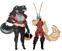  2_heads abs anthro big_breasts black_hair blue_hair breasts canid canine cleavage clothed clothing cloud_meadow digital_media_(artwork) female hair larger_female mammal multi_head orthros pixel_(artwork) s-purple size_difference 