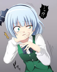  !? ^^^ black_bow black_bowtie black_hairband black_ribbon blush bow bowtie commentary_request covering_own_mouth female green_eyes green_skirt green_vest grey_background grey_hair hair_ribbon hairband hands_up highres implied_peeing konpaku_youmu leaning_forward long_sleeves looking_at_viewer peed_self ribbon shirt short_hair simple_background skirt skirt_set solo sweat tears touhou tsuukinkaisoku_oomiya uneven_eyes upper_body vest white_shirt 