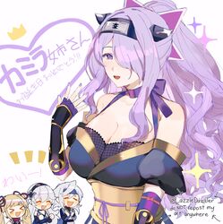  &gt;_&lt; 1boy 3girls absurdres alternate_hairstyle bare_shoulders blonde_hair breasts camilla_(fire_emblem) camilla_(ninja)_(fire_emblem) chibi choker cleavage corrin_(female)_(fire_emblem) corrin_(female)_(ninja)_(fire_emblem) corrin_(fire_emblem) corrin_(male)_(fire_emblem) corrin_(male)_(ninja)_(fire_emblem) covering_own_mouth drill_hair elise_(fire_emblem) elise_(ninja)_(fire_emblem) fingerless_gloves fire_emblem fire_emblem_fates fire_emblem_heroes fishnet_top fishnets gloves hair_tie hairband hand_over_own_mouth highres large_breasts long_hair looking_at_viewer multiple_girls ninja official_alternate_costume official_alternate_hairstyle open_hand open_mouth pomme_(lazzledazzle) ponytail purple_choker purple_eyes purple_gloves purple_hair purple_nails purple_ribbon purple_rope ribbon ribbon_choker rope shimenawa shuriken_hair_ornament sidelocks solo_focus stole twin_drills twintails upper_body white_hair 