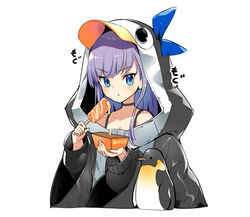  animal_hood bare_shoulders bird black_jacket blue_eyes blue_ribbon breasts choker collarbone eating fate/grand_order fate_(series) female food hair_between_eyes hood jacket long_hair long_sleeves looking_at_viewer meltryllis_(fate) meltryllis_(swimsuit_lancer)_(fate) meltryllis_(swimsuit_lancer)_(first_ascension)_(fate) penguin penguin_hood purple_hair ribbon simple_background small_breasts thighs very_long_hair white_background yuduki_(tt-yuduki) 