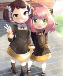  2girls ahoge anya_(spy_x_family) bad_id bad_pixiv_id becky_blackbell black_dress black_legwear brown_eyes brown_hair commentary d: day dress eden_academy_school_uniform gold_trim green_eyes grin hair_ornament hairclip holding_hands kneehighs lolicon long_sleeves looking_at_viewer looking_away medium_hair multiple_girls open_mouth outdoors parted_bangs pink_hair school_uniform short_twintails smile socks spy_x_family takuyarawr twilight_(spy_x_family) twintails w white_legwear 