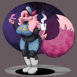  1:1 anthro big_breasts breasts canid canine dessert doughnut female food fox fur hi_res mammal pastry pink_body pink_fur police police_officer_eating_donut slightly_chubby solo space trevor-fox 