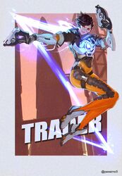  bodysuit border breasts brown_eyes brown_hair character_name commentary_request dual_wielding female full_body goggles grey_border gun handgun highres holding holding_gun holding_weapon looking_at_viewer looking_down outside_border overwatch overwatch_1 parted_lips passimo short_hair smile solo thigh_strap tinted_eyewear tracer_(overwatch) twitter_username weapon white_footwear 